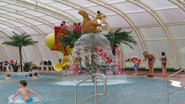 An indoor swimming pool with a water slide and a large squirrel statue. - Farmhouse in Herperduin with Bubble Bath (Herpen)