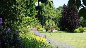 A well-maintained garden with a variety of flowering plants, neatly trimmed grass, and a stone wall in the background.