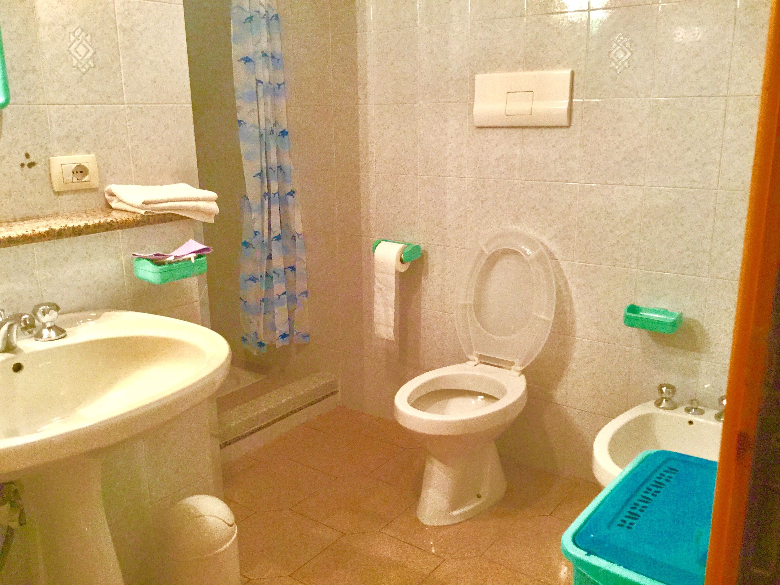 Une salle de bain équipée d’un lavabo, de toilettes et d’un bidet.