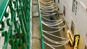 A narrow alleyway with buildings on either side, featuring a green metal railing and white ropes. - Room-4lisbon Downtown Private Bedroom Ci (Lisbon)