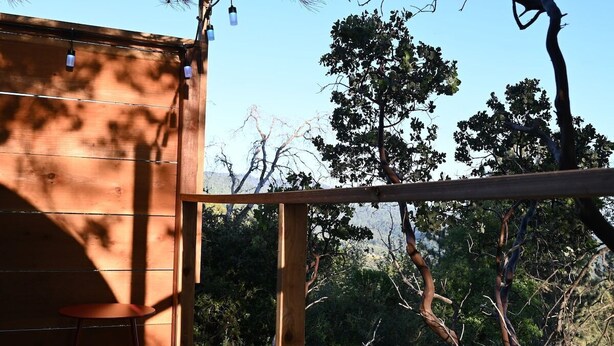 A wooden deck with a metal railing, overlooking a forested area with trees and a clear sky. - Sky Pod #2/Tree Tent 2 (Dunlap)