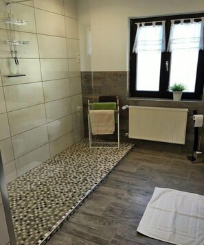 Shower, hair dryer, towels