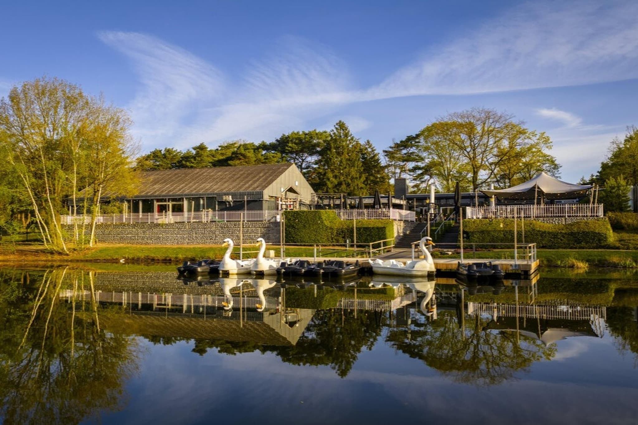 A lakeside building with a dock, swans, and a covered area.
