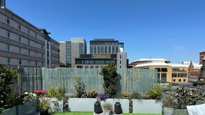 A rooftop garden with a paved pathway, potted plants, and a seating area.