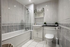Hair dryer, towels, soap, toilet paper