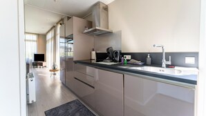Una cocina moderna con una isla grande, electrodomésticos integrados y vistas a una sala de estar.