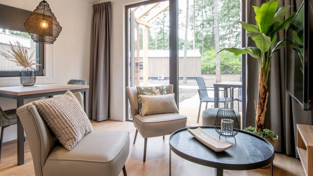 A modern living room with a sofa, armchair, and round coffee table. There is a dining table with chairs, a large window with curtains, and a potted plant.