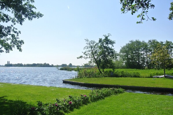 Een park aan de rivier met een gazon, bomen en een steiger.