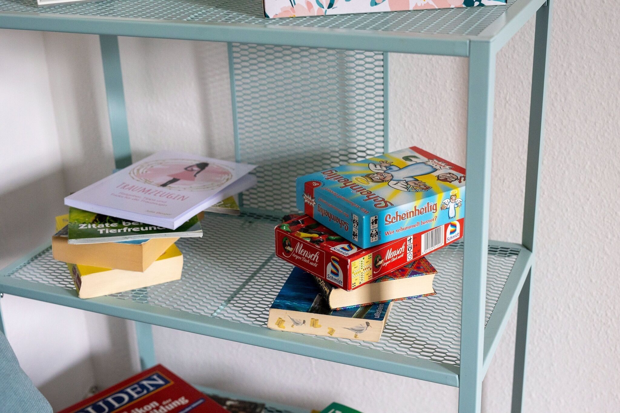 A metal shelf with books and board games.