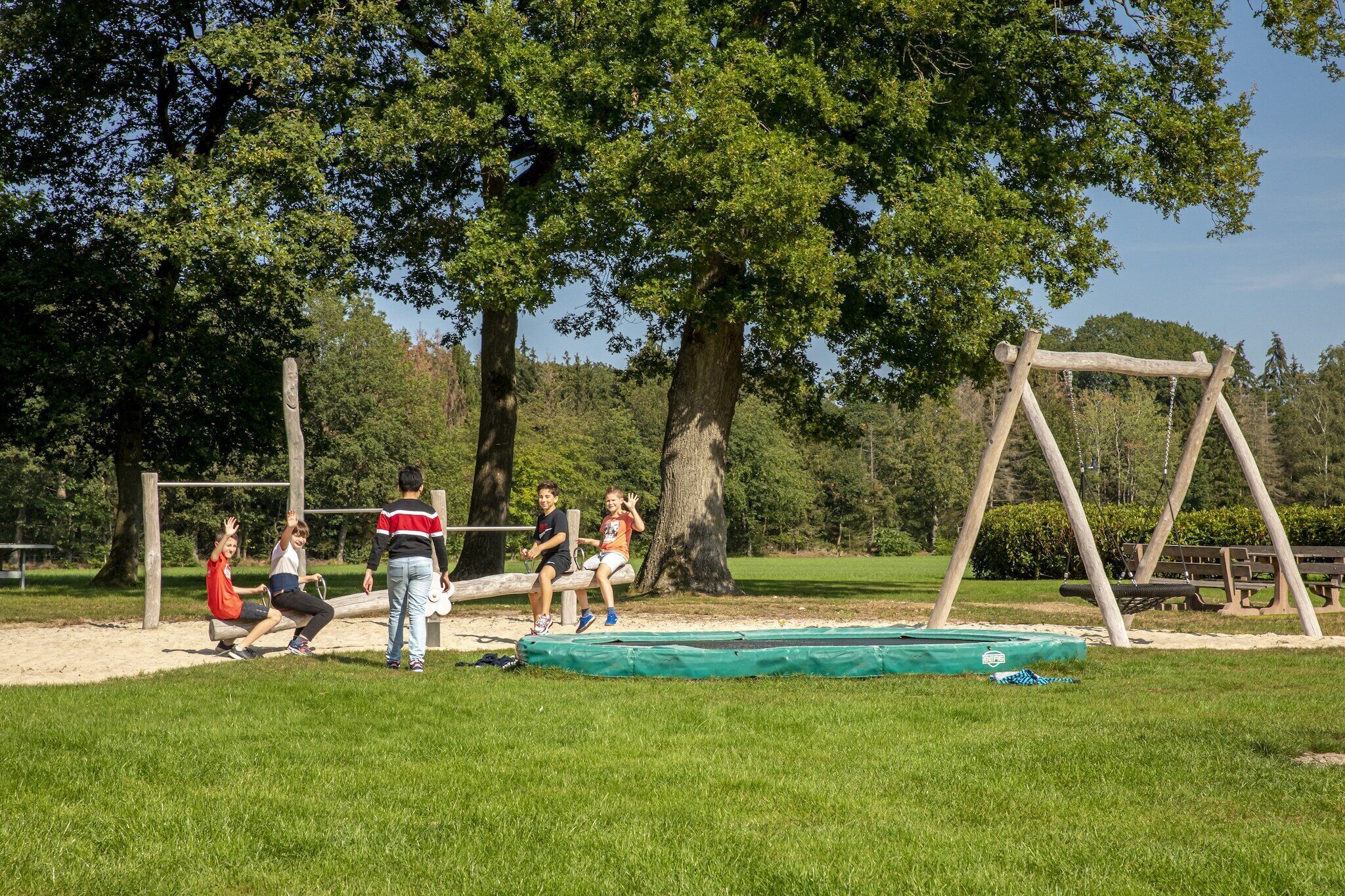 Un parc avec une balançoire, une table de pique-nique et une bâche verte posée sur le sol.