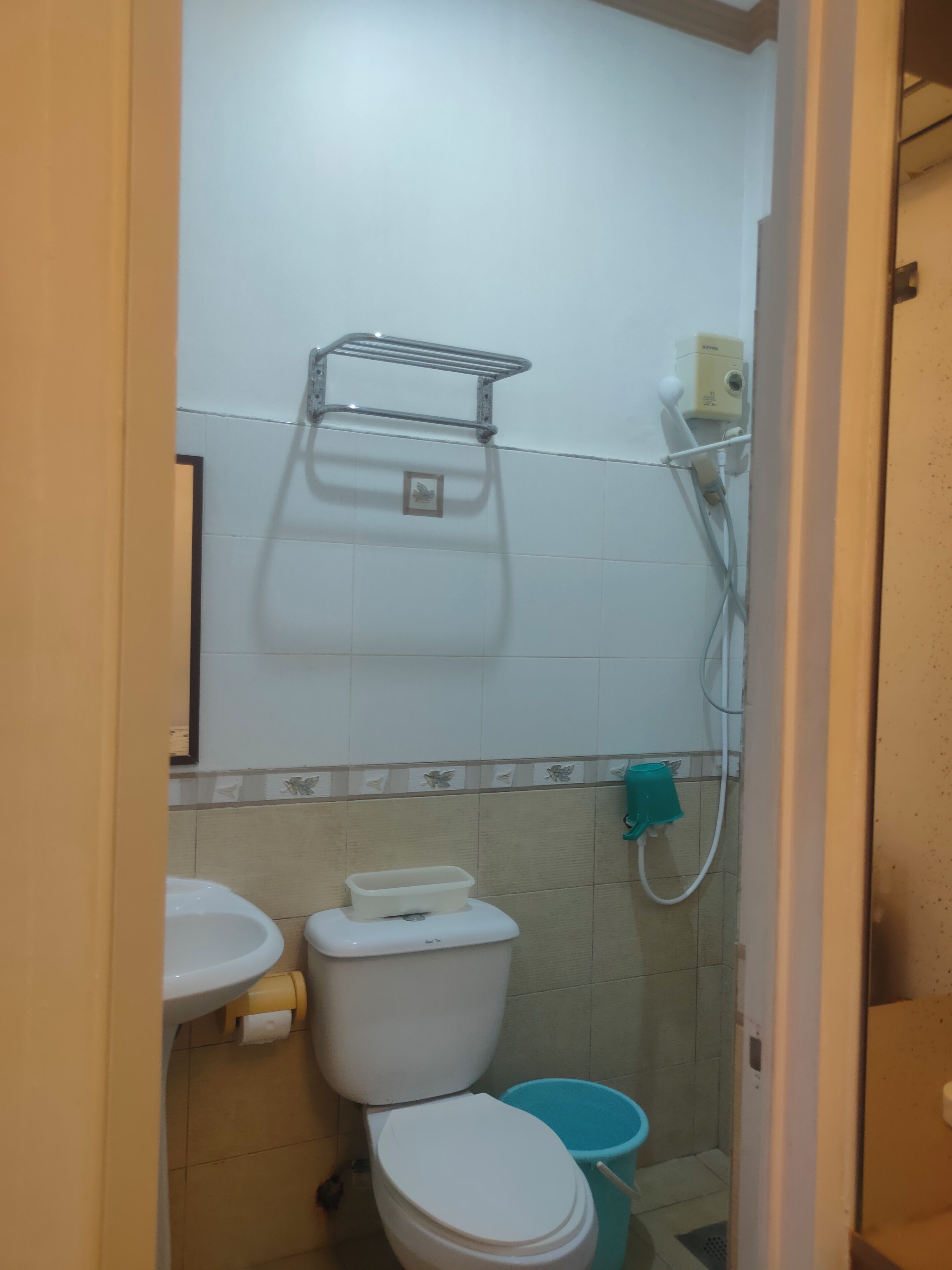 Une petite salle de bain avec des toilettes, un lavabo et une douche.