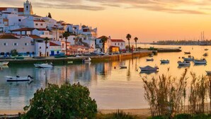 A coastal town with white buildings, a church, and boats in the water.