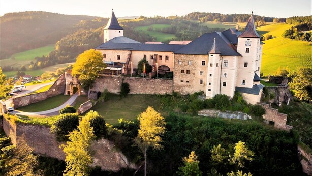 Un château doté de nombreuses tours, entouré de douves et d’un paysage luxuriant.