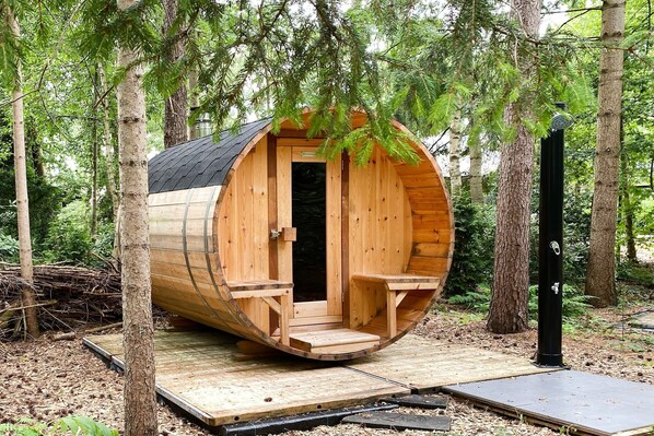 A wooden log cabin with a door and two benches outside, surrounded by trees. - Holiday Home in Rheezerveen with Sauna & Hot Tub (Rheezerveen)