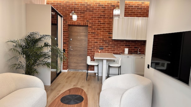 A compact living space with a kitchen area, a dining table, two white sofas, a large potted plant, and a TV mounted on the wall.