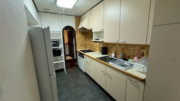 Klassiek appartement, uitzicht op de stad | Privékeuken | Een koelkast met diepvriezer, een microgolfoven, een oven, een kookplaat