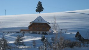 A wooden lodge with a sloped roof, surrounded by snow-covered trees and a clear sky. - Apartment 'Sonnenblick, 54sqm' with Shared Terrace, Garden, and Wi-Fi (Schonach)
