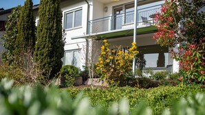 A two-story building with a balcony, surrounded by various plants and trees. - Apartment 'Pusteblume' with Private Terrace and Wi-Fi (Kappelrodeck)