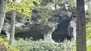 A natural rock formation with a cave-like opening surrounded by trees. - Apartment 'Nr 2, 30qm' with Private Terrace, Shared Garden and Wi-Fi (Bad Herrenalb)