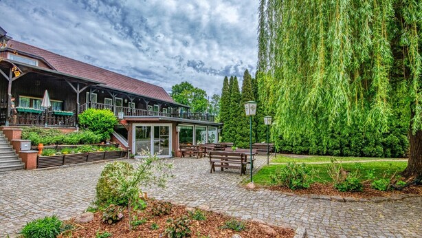 A building with a covered outdoor area, steps leading to a glass entrance, and a large tree in the foreground.