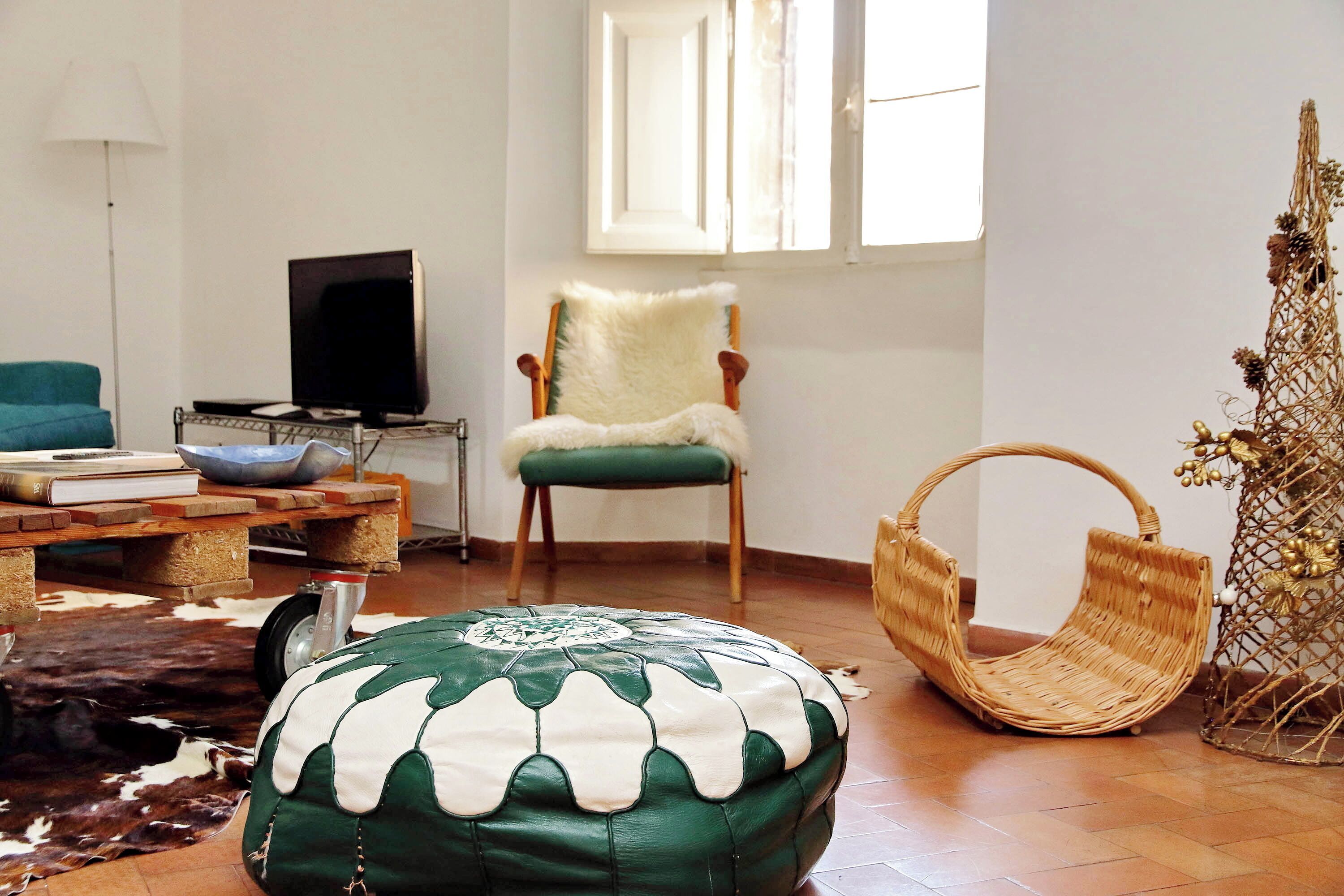 A living room with a sofa, a chair, a coffee table, a television, and a decorative plant.