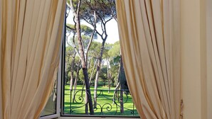 A window with curtains, a view of a green lawn, and trees. - Borghese Park View (Rome)