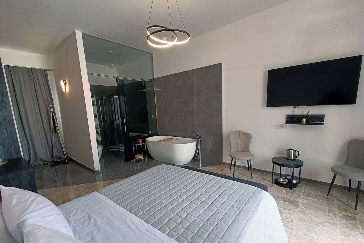 Una habitación de hotel moderna con una cama grande, ducha a ras de suelo, bañera, televisor y una mesa de centro.