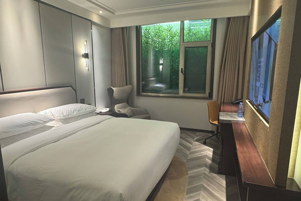 Una habitación de hotel moderna con una cama grande, un escritorio, una silla y un televisor.
