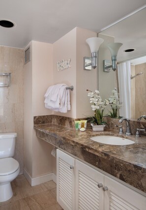 Hair dryer, towels, soap, toilet paper