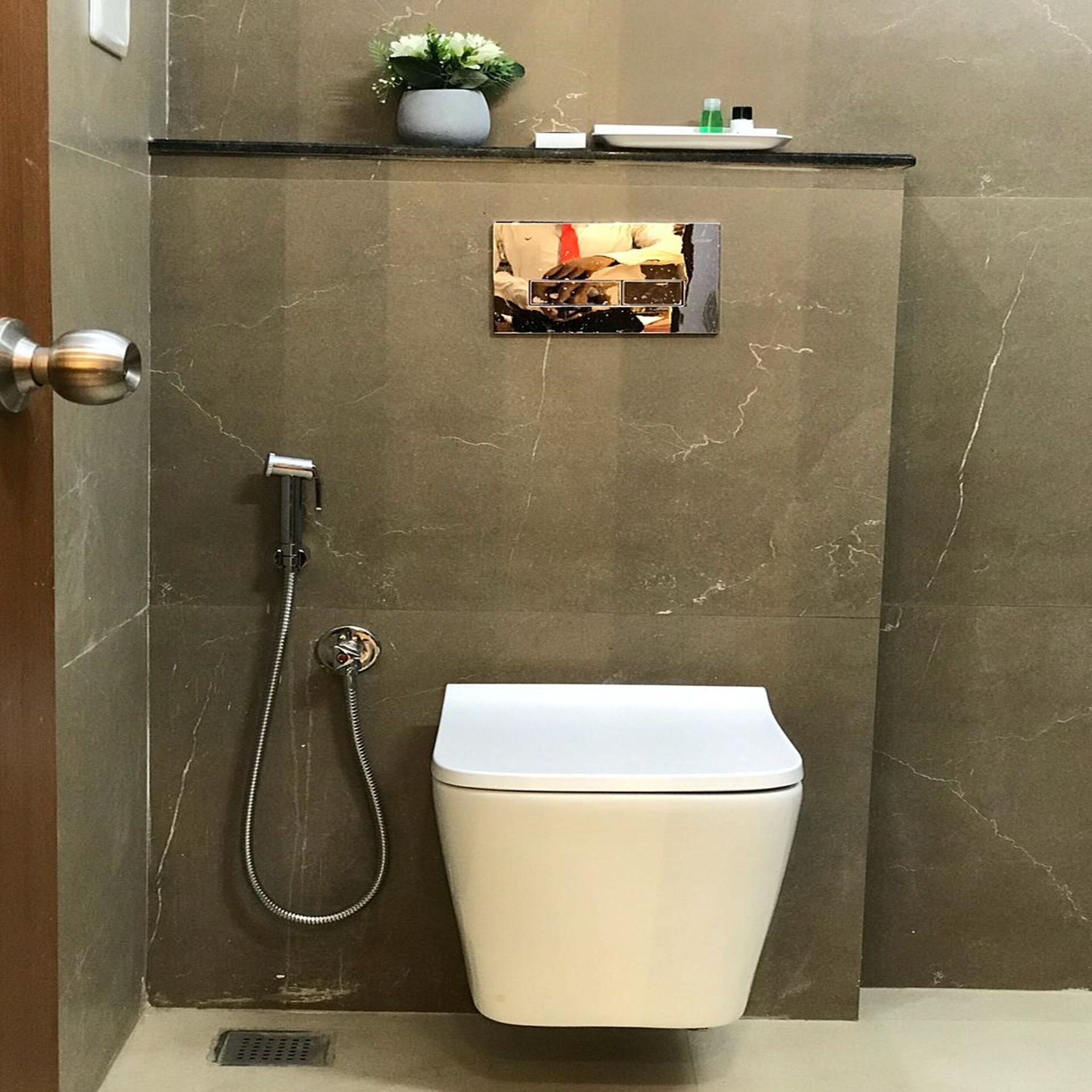 A bathroom with a toilet, a shower, and a small shelf with a plant and a bottle.