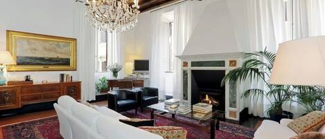 Télévision, cheminée, lecteur de DVD, chaîne hi-fi