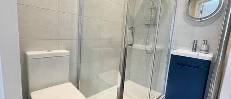 Regadera, toallas, papel de baño