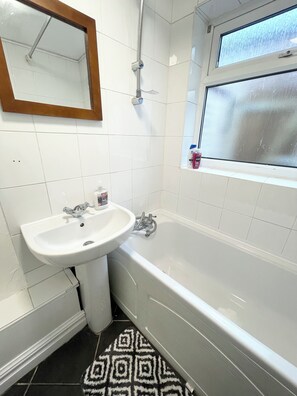 Hair dryer, towels, soap, toilet paper