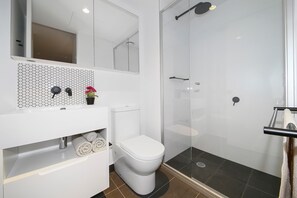 Shower, hair dryer, towels