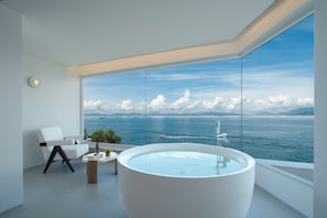 Panoramic Double Room, Balcony, Sea View | Bathroom | Separate tub and shower, rainfall showerhead, free toiletries