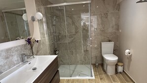 A modern bathroom with a glass-enclosed shower, a large bathtub, and a toilet.