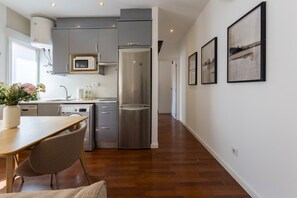 Fridge, microwave, electric kettle, toaster