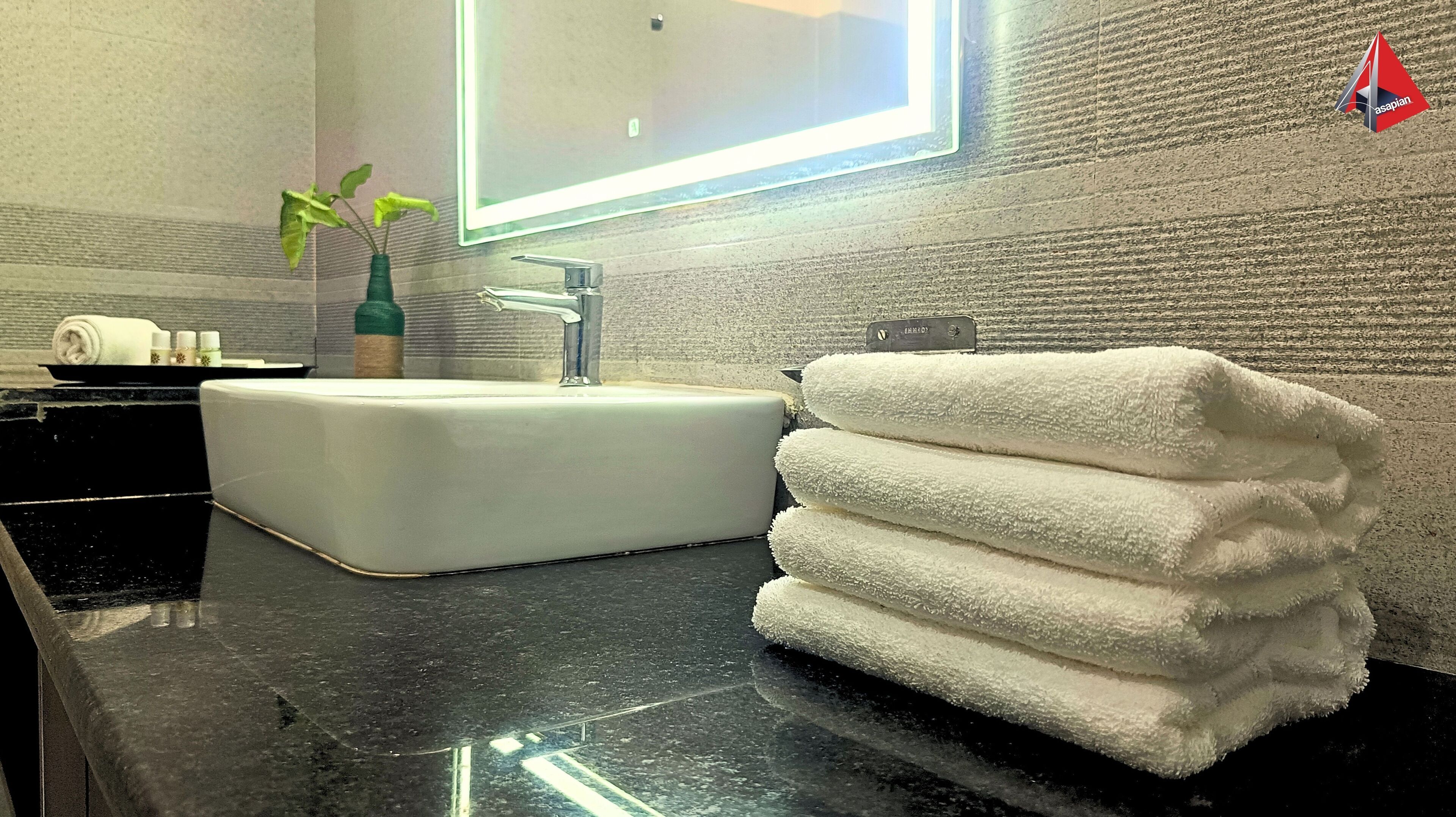 A bathroom with a white sink, a mirror, a towel stack, and a green plant.