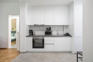 Basic Apartment, 2 Bedrooms, Kitchen, City View | Private kitchen | Full-size fridge, microwave, oven, stovetop