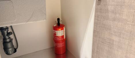A red fire extinguisher mounted on a wall, a metal door hinge, and a black hose.