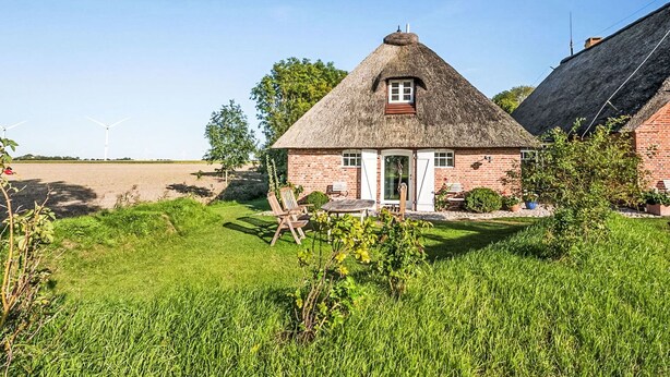 A thatched-roof house with a brick exterior, a small porch, and a grassy yard. - Stunning private villa for 4 people with WIFI, TV and panoramic view (Simonsberg)