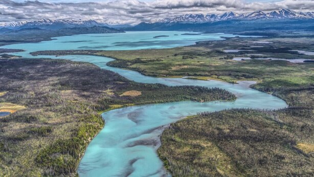 An aerial view of a river winding through a forested landscape with mountains in the background.