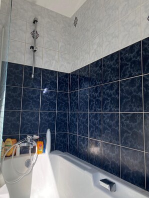 Hair dryer, towels, soap, toilet paper