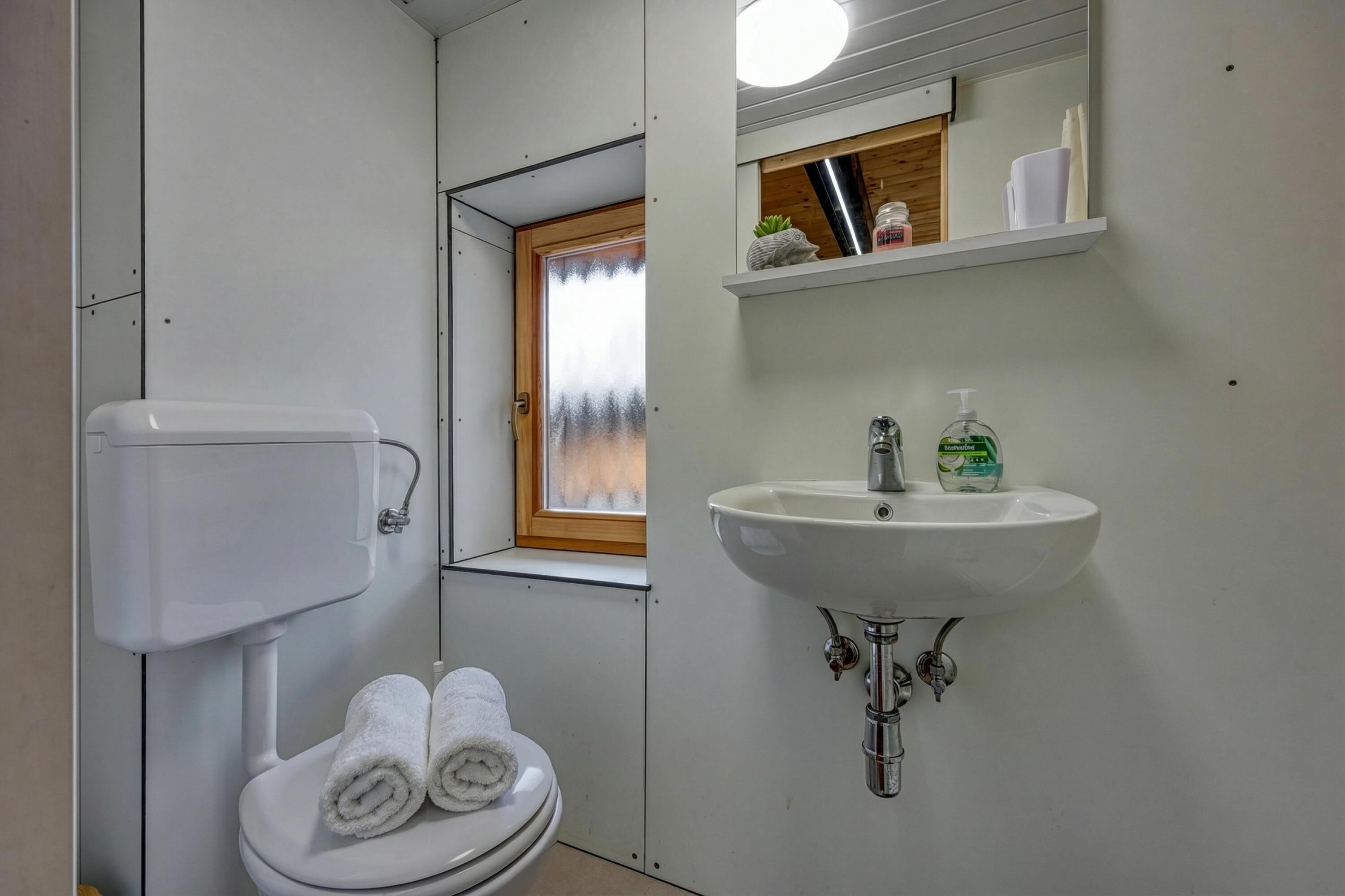 A small bathroom with a toilet, a sink, and a window.