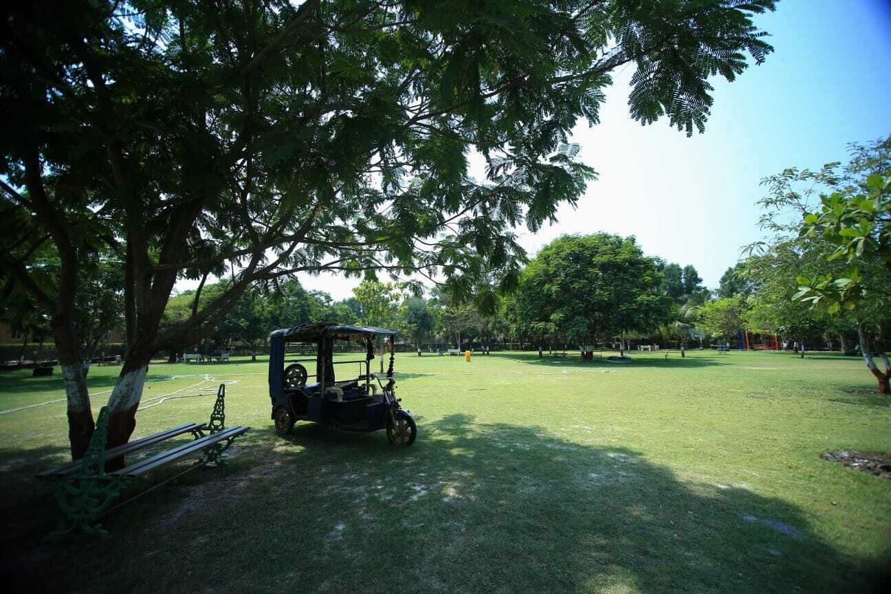A park with a tree, a bench, and a three-wheeled vehicle.