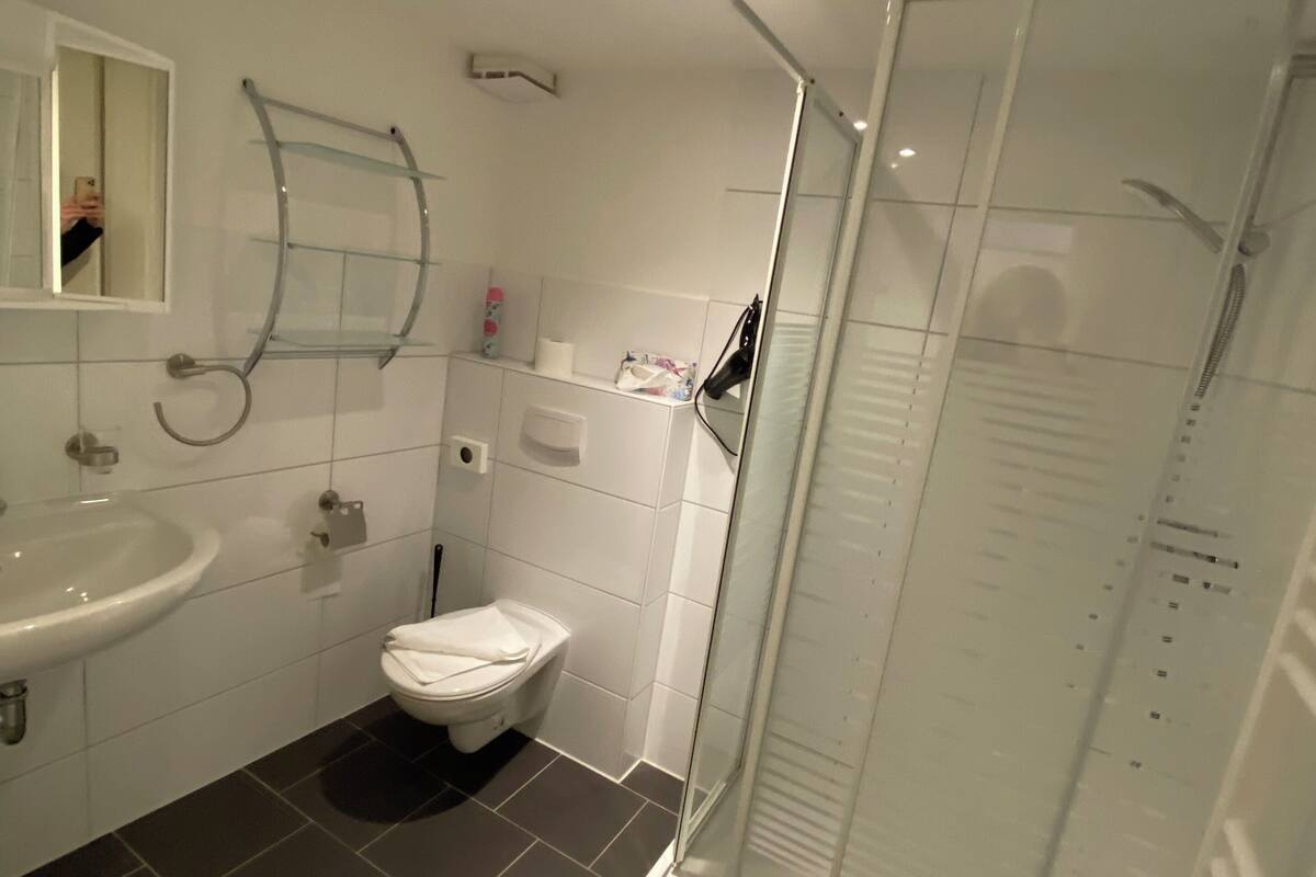 A modern bathroom with a glass shower enclosure, a white sink, and a toilet.