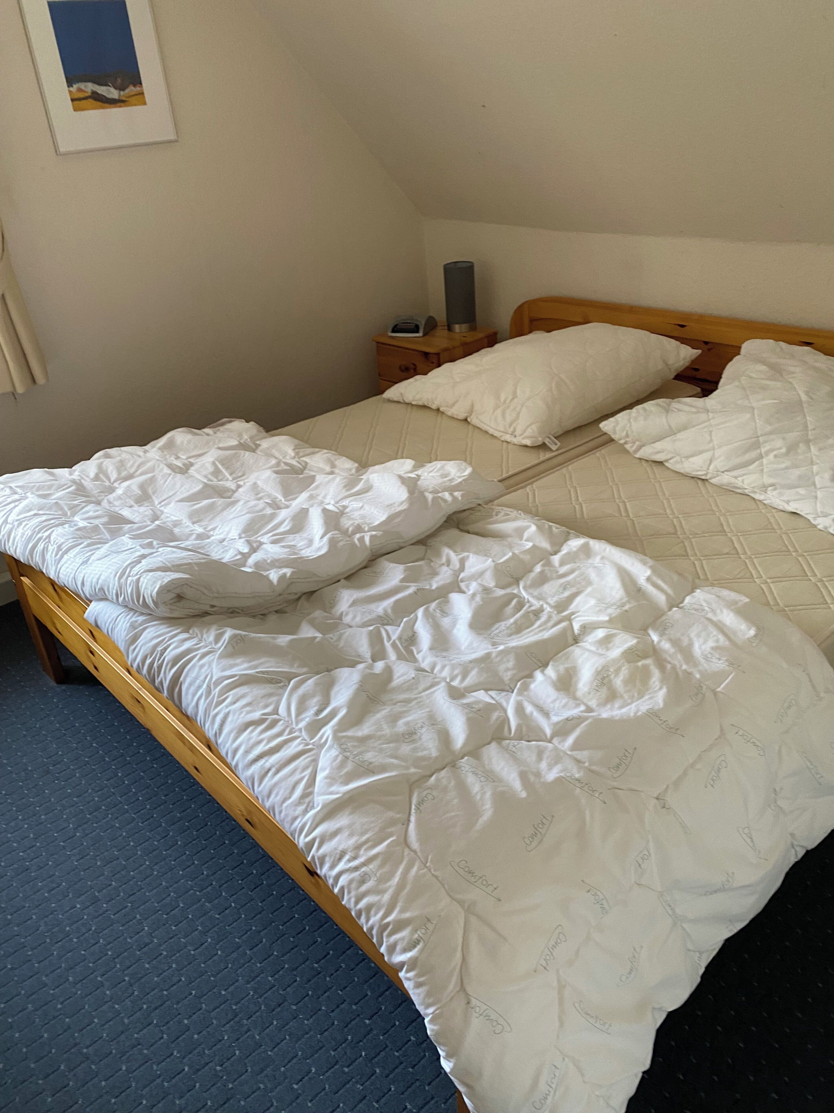A bed with a white comforter and pillows, a wooden headboard, a bedside table with a lamp, and a picture on the wall.