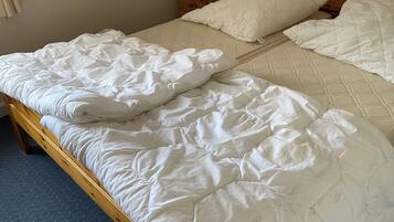 A bed with a white comforter and pillows, a wooden headboard, a bedside table with a lamp, and a picture on the wall.