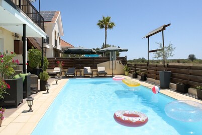 Modern room with sea view in Villa private pool fitness room in Oroklini