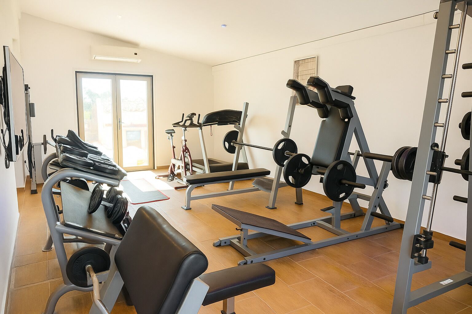Ein Fitnessraum mit verschiedenen Trainingsgeräten, darunter eine Hantelbank, ein Laufband und ein Ergometer.